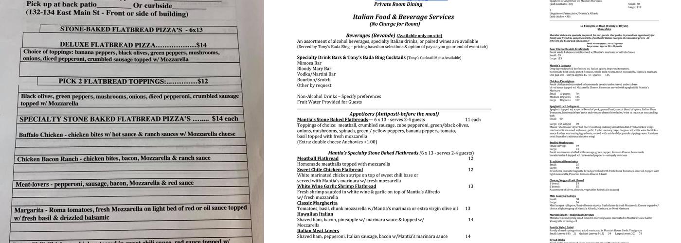 Tony's Bada Bing Menu