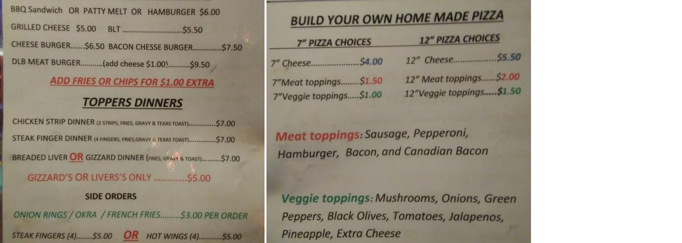 Topper's Menu
