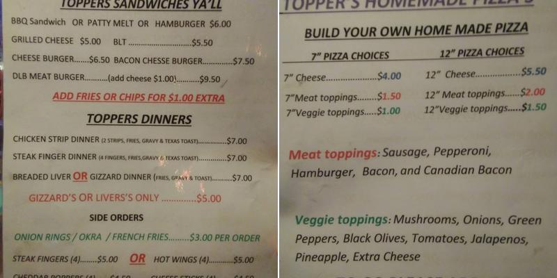 Topper's Menu