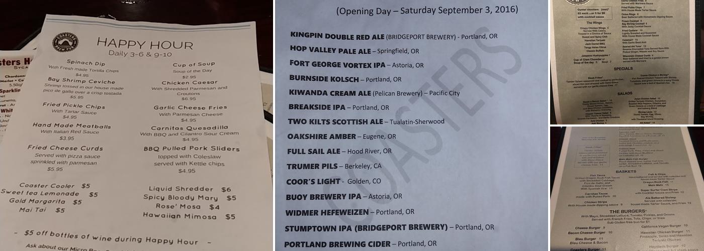 Coasters Brew Pub Menu
