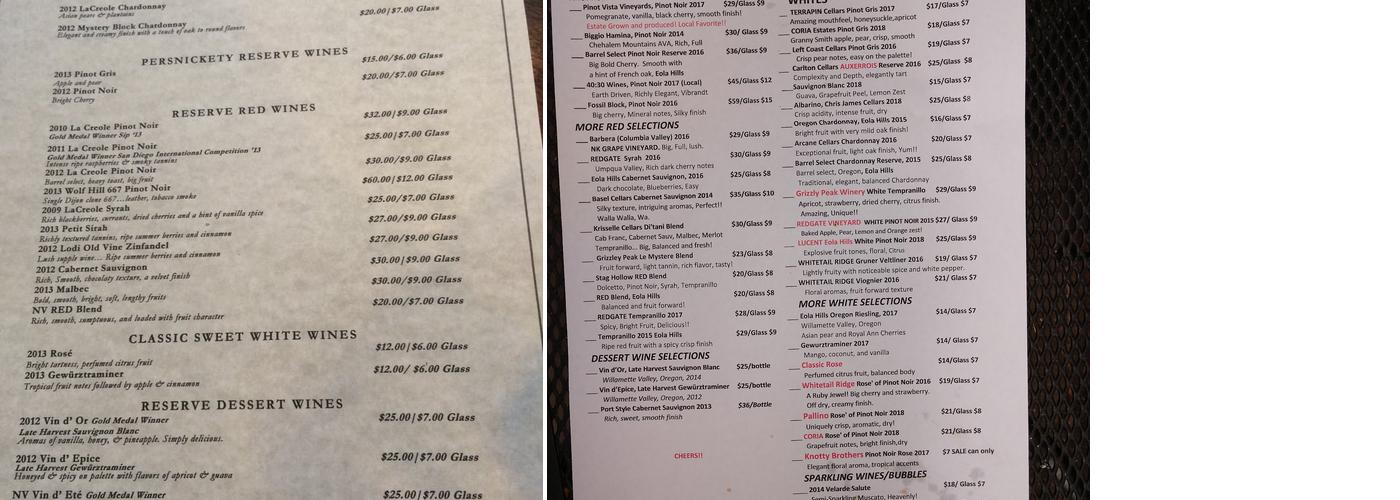 Pinot Vista Tasting Lounge Menu