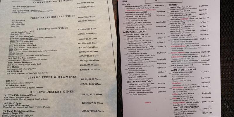 Pinot Vista Tasting Lounge Menu