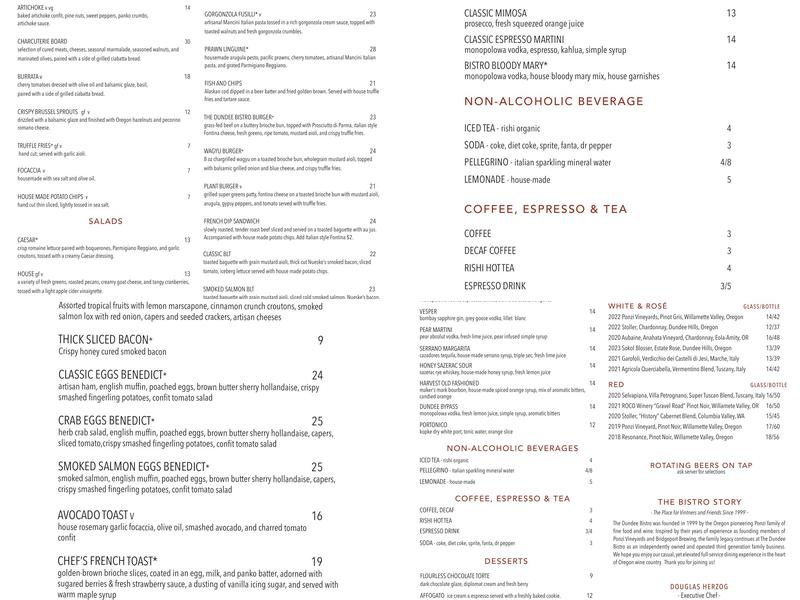 Fratelli Ponzi Fine Food and Wine Bar Menu