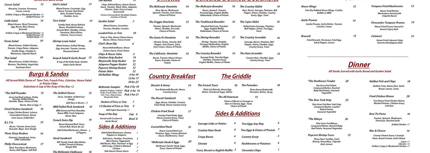 McKenzie Pub Menu