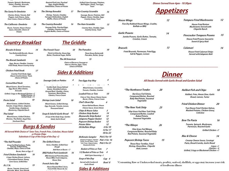 McKenzie Pub Menu