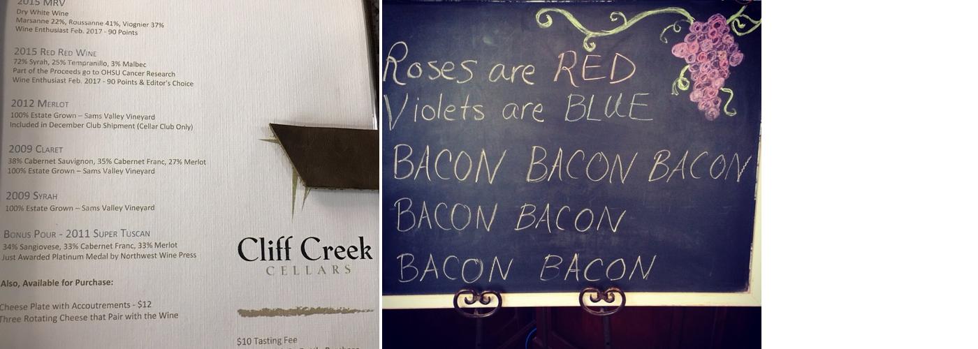 Cliff Creek Cellars in Newberg Menu