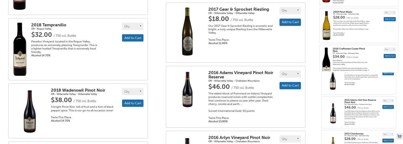 Artisanal Wine Cellars, Newberg, OR Menu