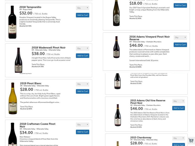 Artisanal Wine Cellars, Newberg, OR Menu