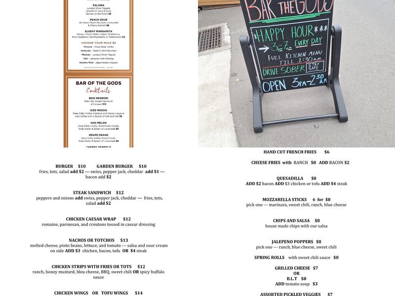 Bar of the Gods Menu