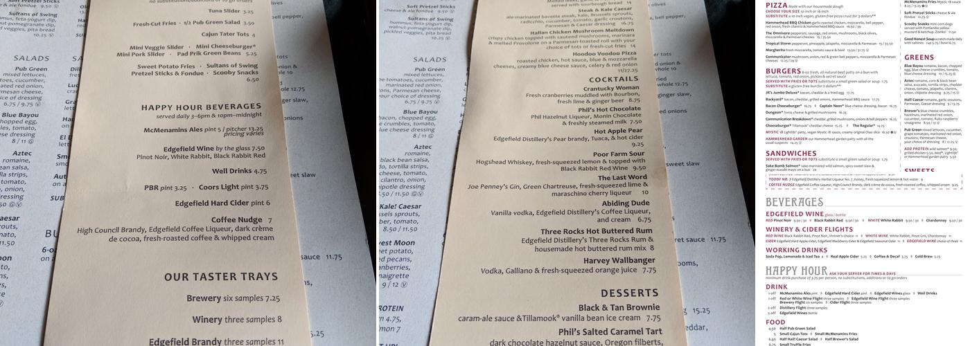 McMenamins Undercroft Bar Menu