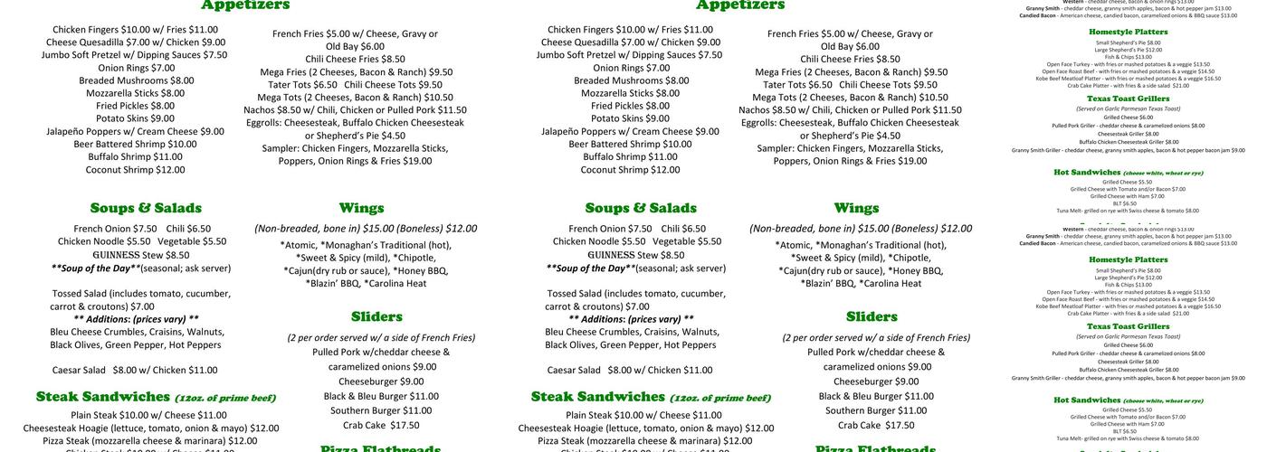 Monaghan's Pub Menu