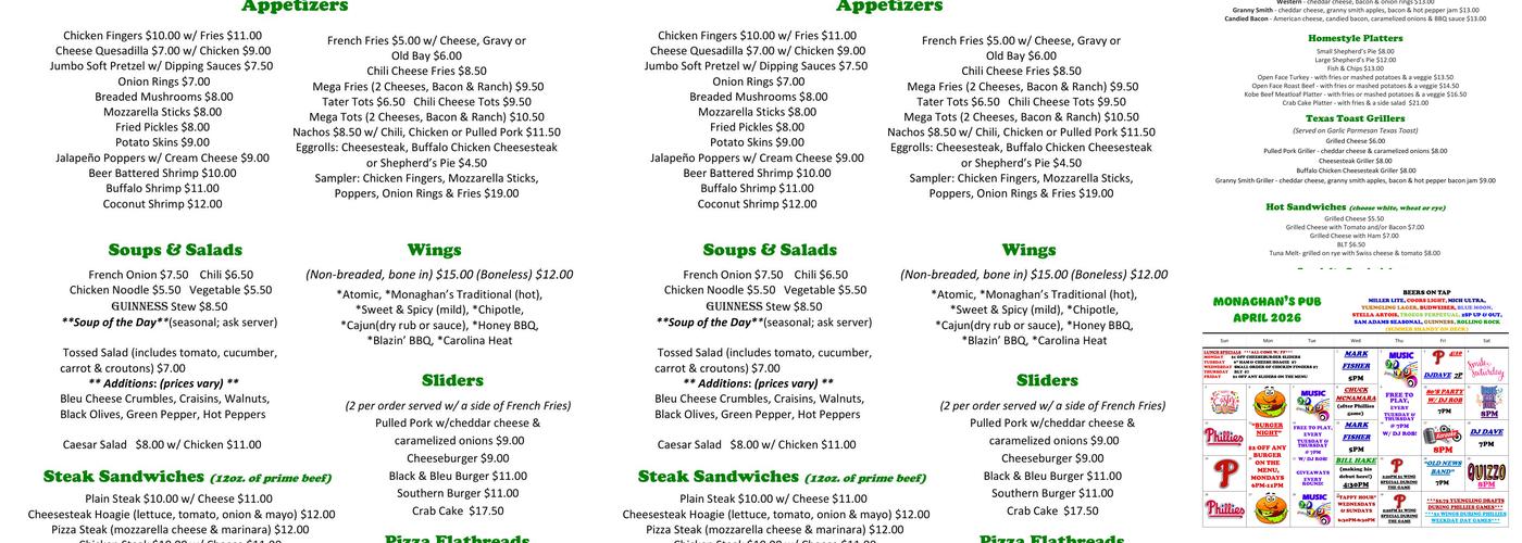 Monaghan's Pub Menu