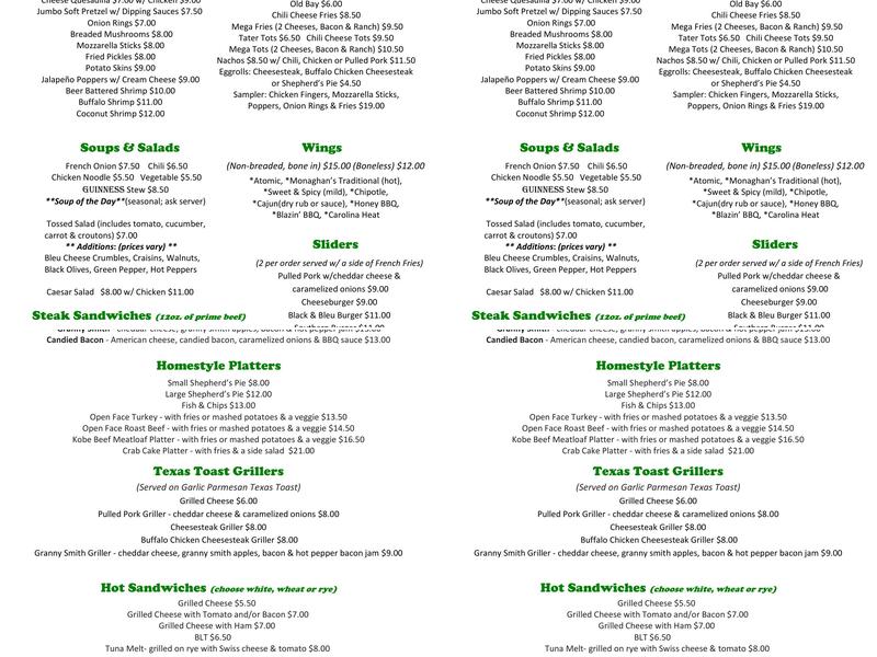 Monaghan's Pub Menu