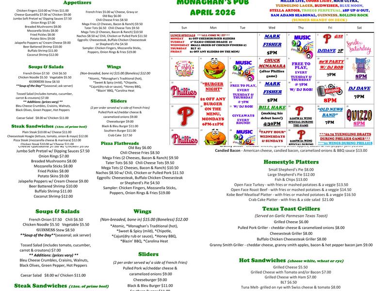 Monaghan's Pub Menu