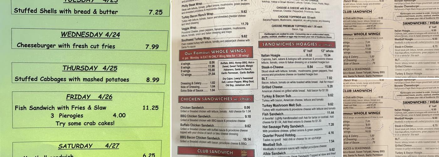 Park Valley Lounge Bar Menu