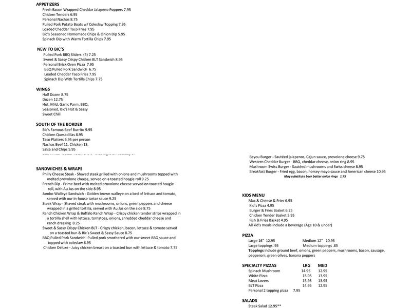 Bic's Pub & Grill Menu
