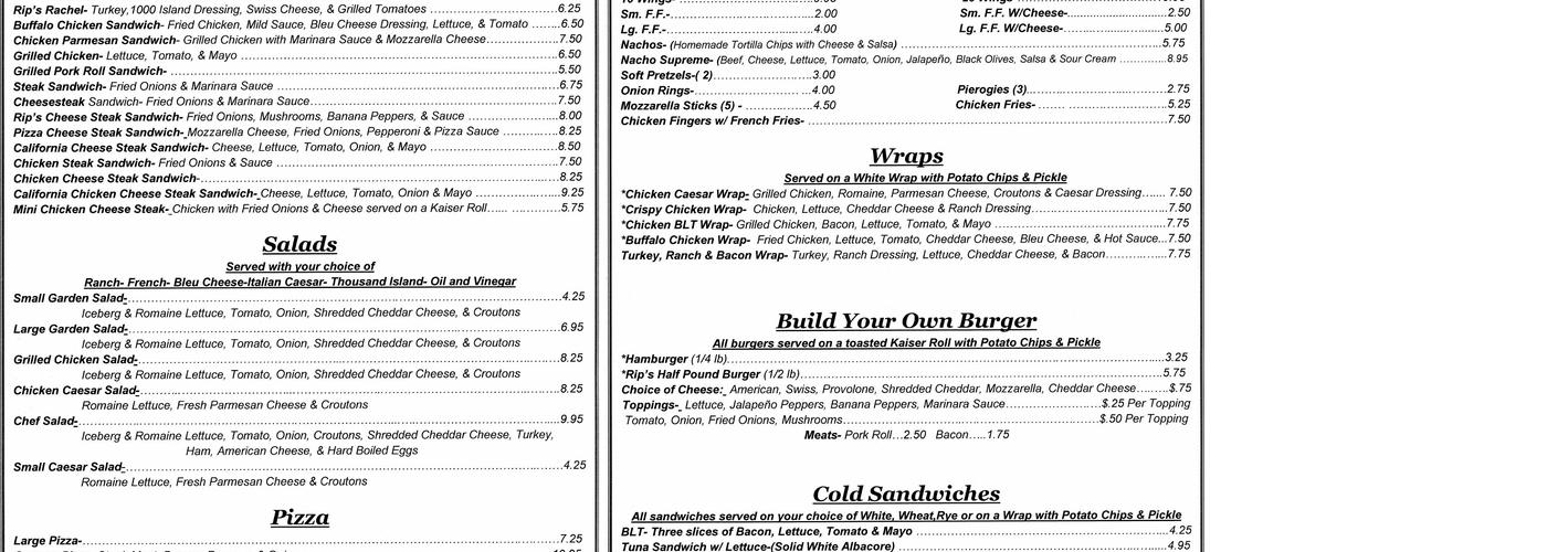 Rip Van Winkles' Pub Menu