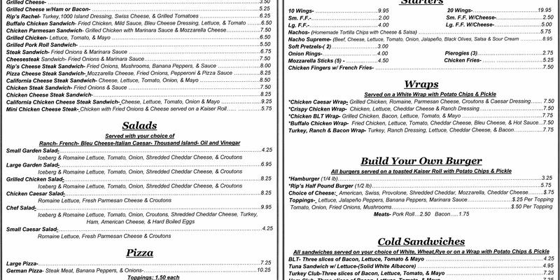 Rip Van Winkles' Pub Menu