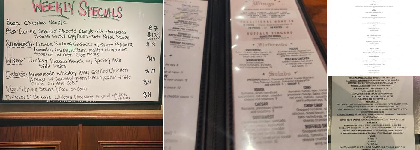 Jack Cassidy's Irish Pub Menu