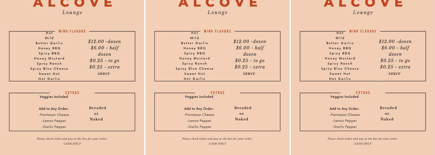Alcove Lounge Menu