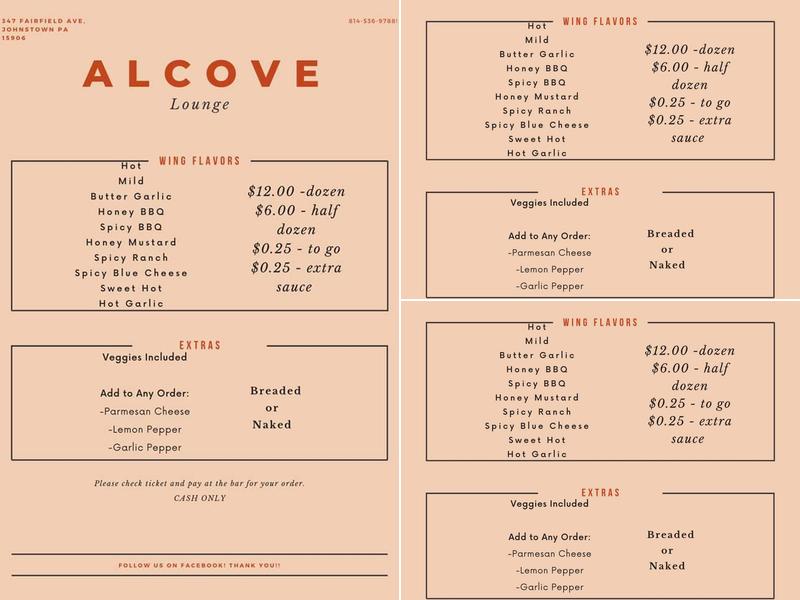 Alcove Lounge Menu