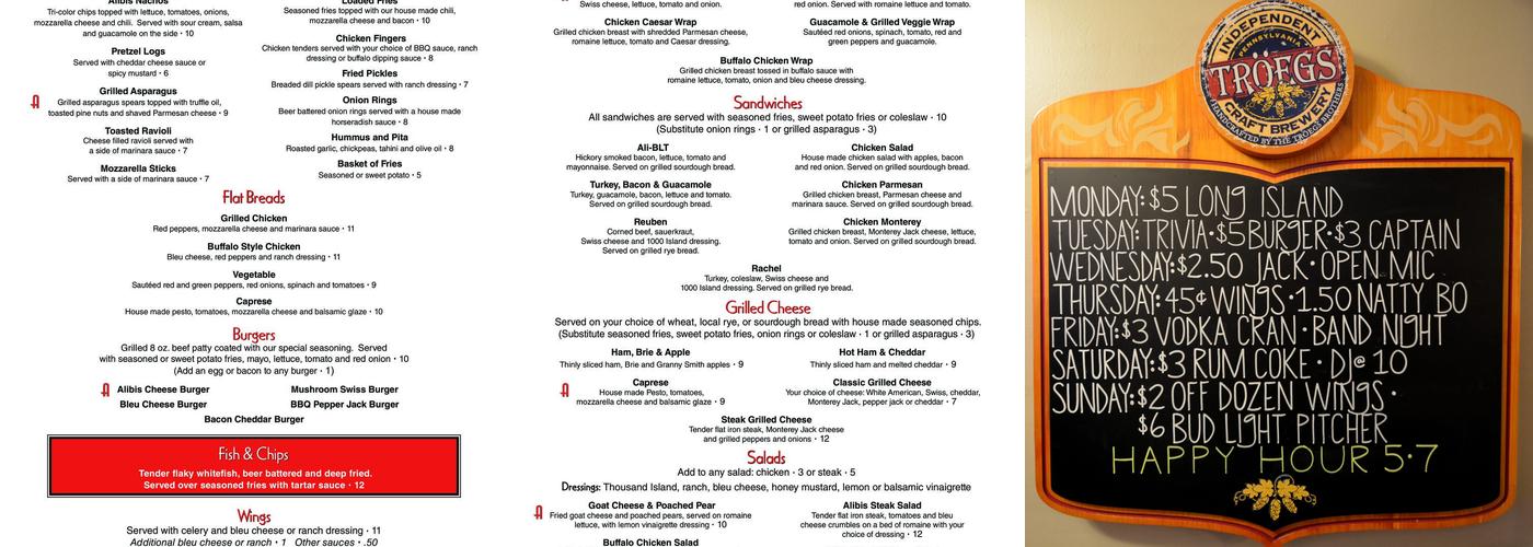 Alibis Eatery & Spirits Menu