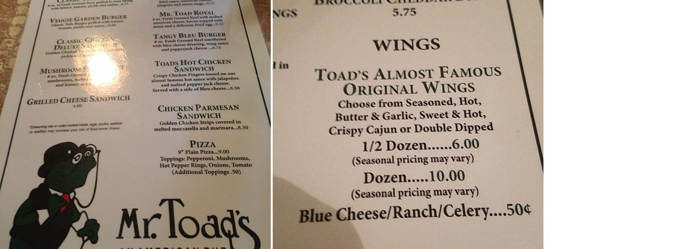 Mr. Toad's Menu