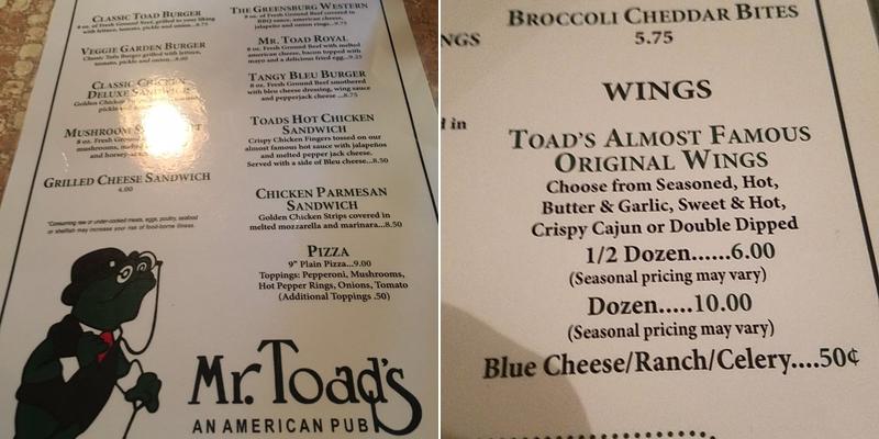 Mr. Toad's Menu