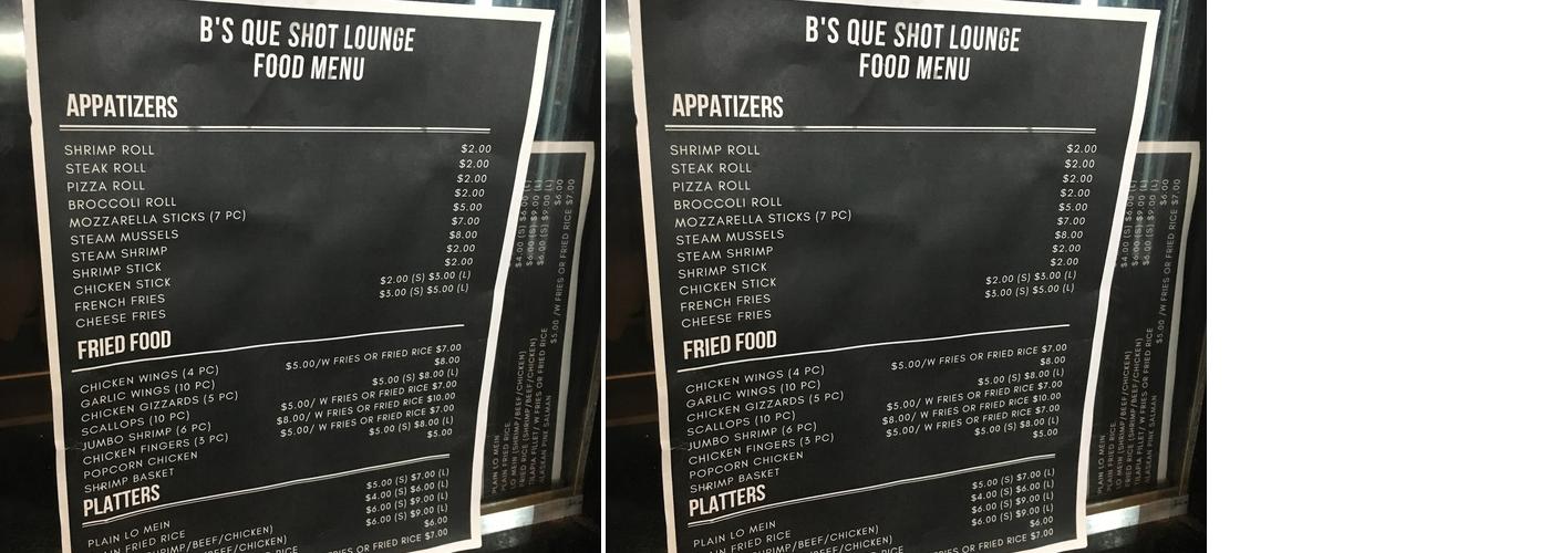 B's Que Shot Lounge Menu