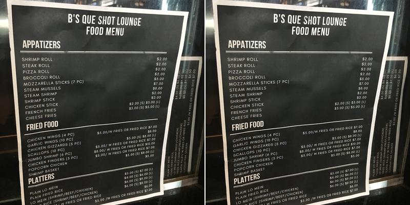 B's Que Shot Lounge Menu