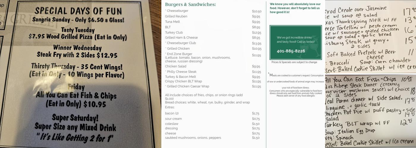 End Zone Pub & Grille Menu