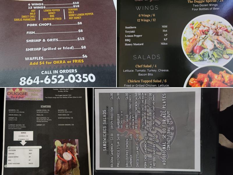 The Duggie Bar and Grill Menu
