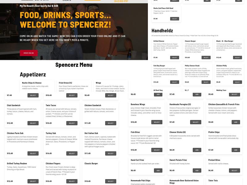 Spencerz Sports Bar Menu