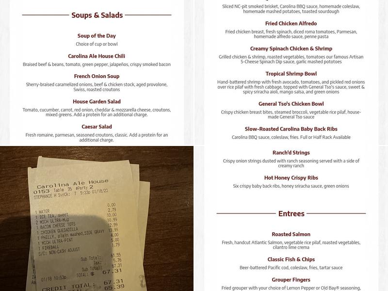 Carolina Ale House Menu