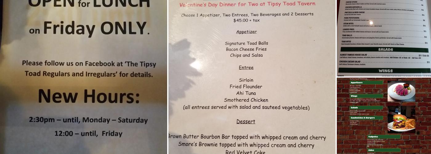 Tipsy Toad Tavern Menu
