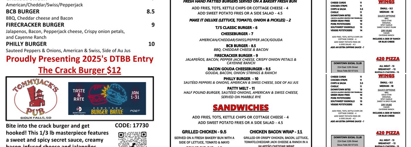 Tommy Jack's Pub Menu