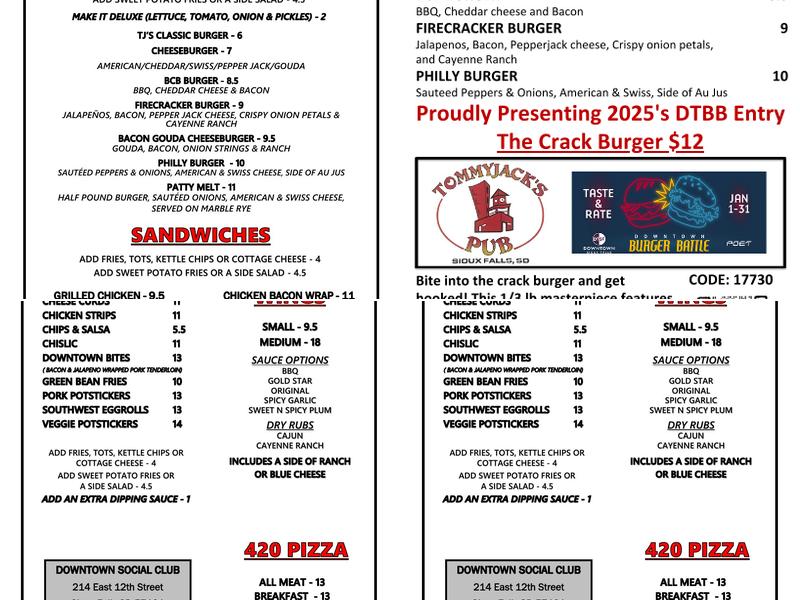 Tommy Jack's Pub Menu