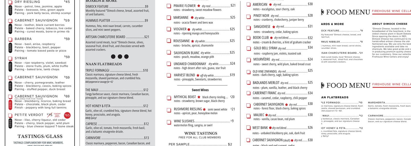 Firehouse Wine Cellars Menu