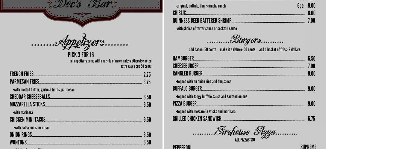 Doc's Bar Menu