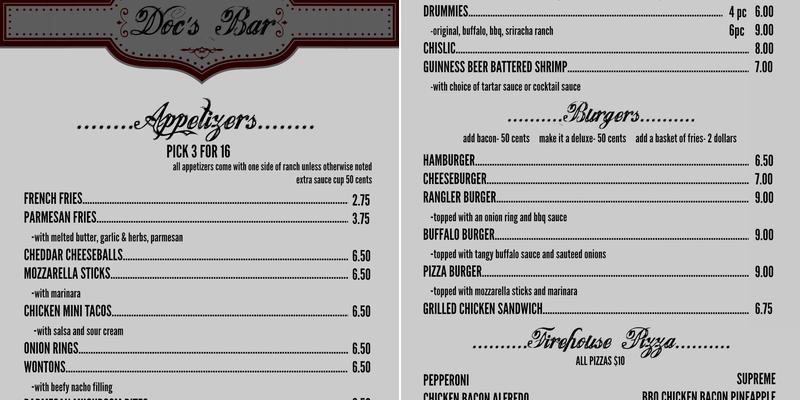 Doc's Bar Menu