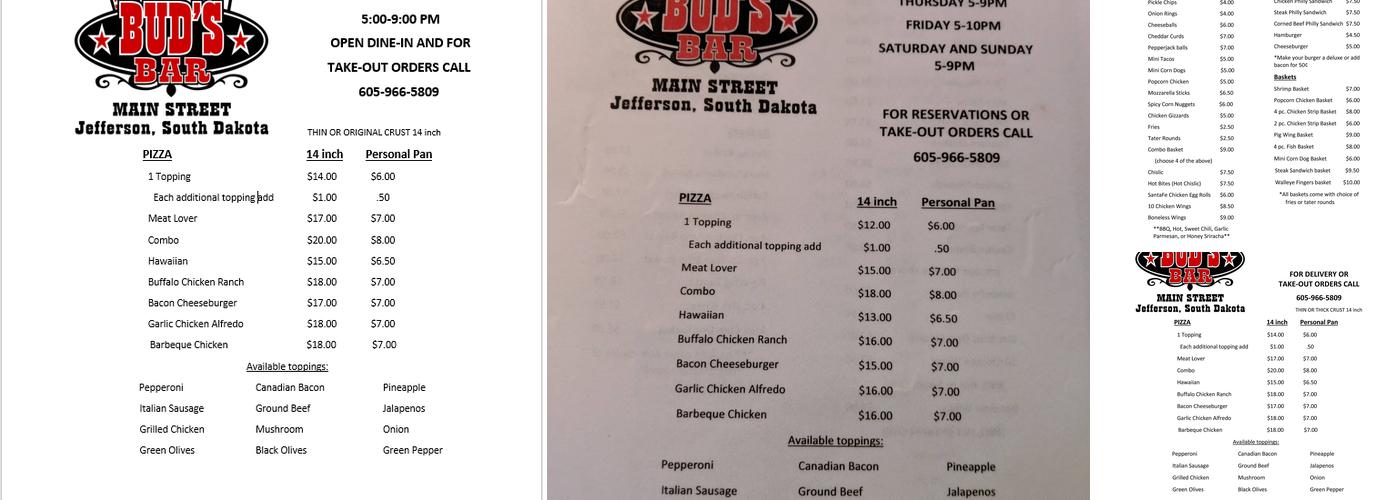 Bud's Bar Menu