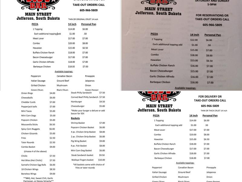 Bud's Bar Menu