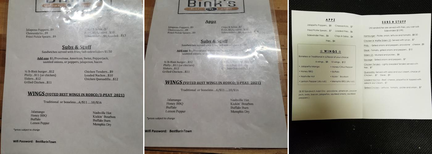 Binks Menu