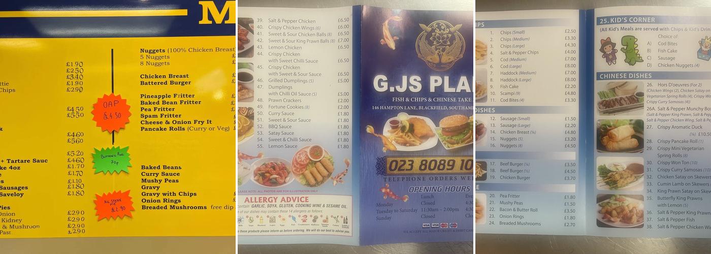 G Js Plaice Menu