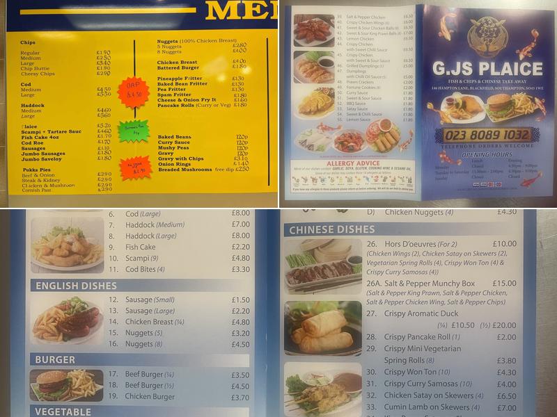 G Js Plaice Menu