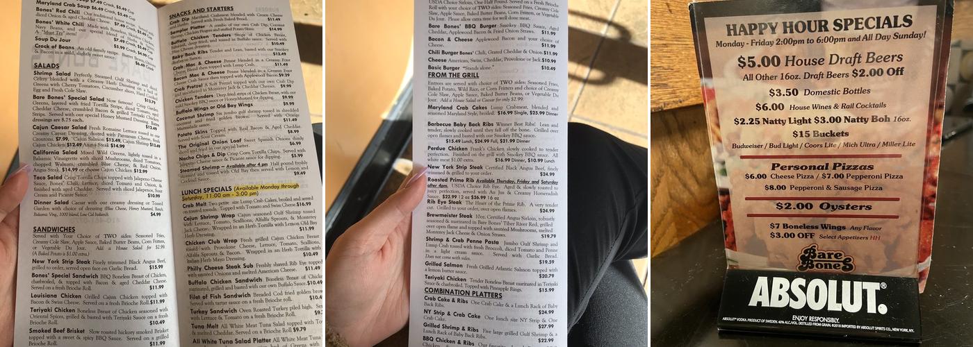Bare Bones Bar Shiro Menu