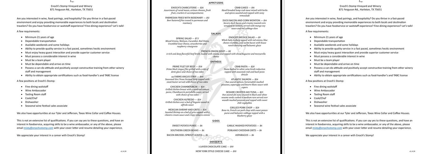 Enoch's Stomp Vineyard & Winery Menu