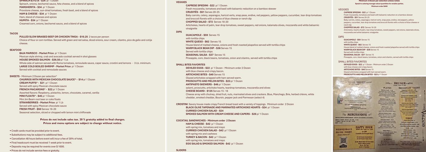 Under the Volcano Menu