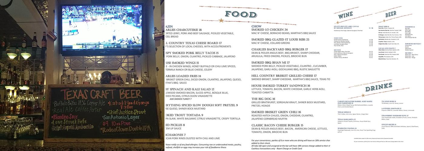 Charlie's Long Bar Menu