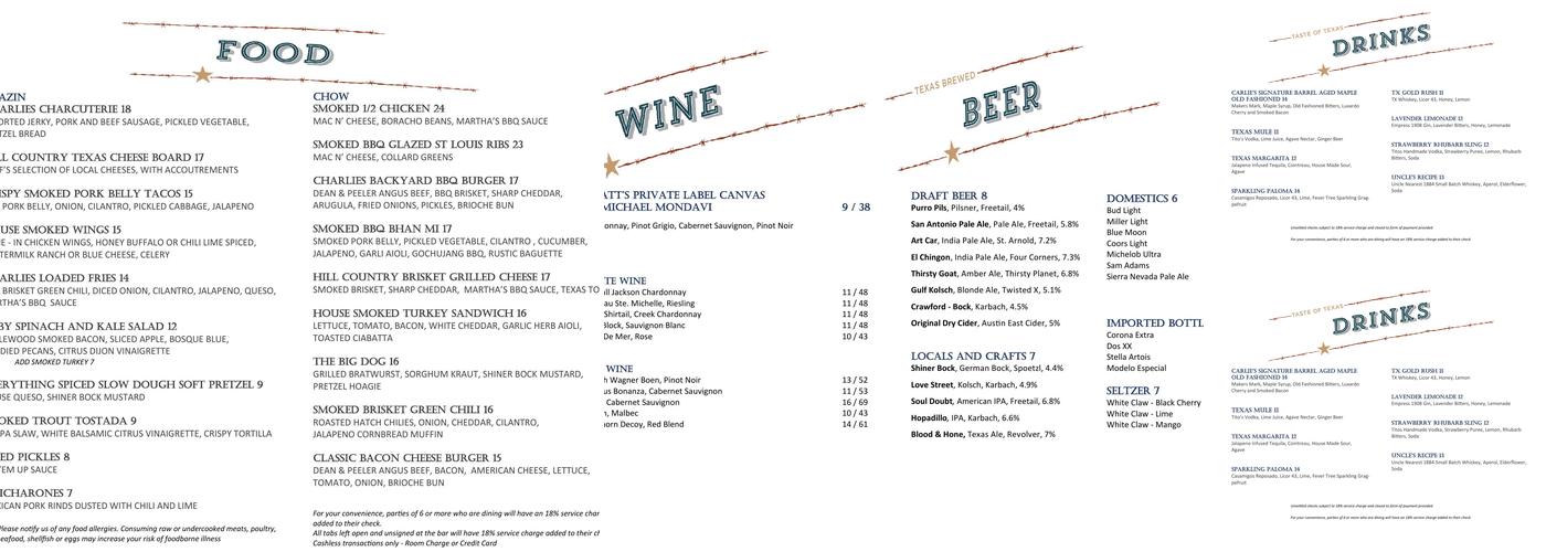 Charlie's Long Bar Menu